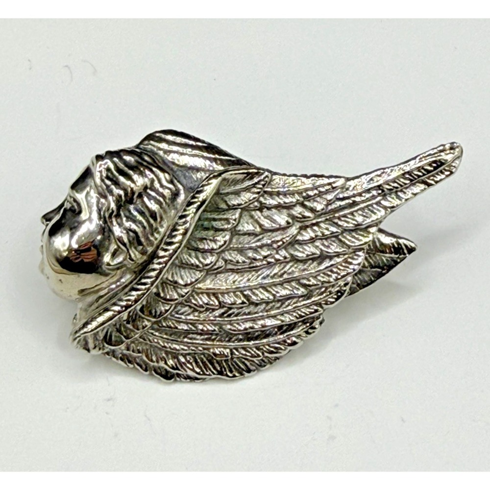 Vintage Rebecca Collins Winged Cherub Angel Pendant Silver Tone Scarf Ring